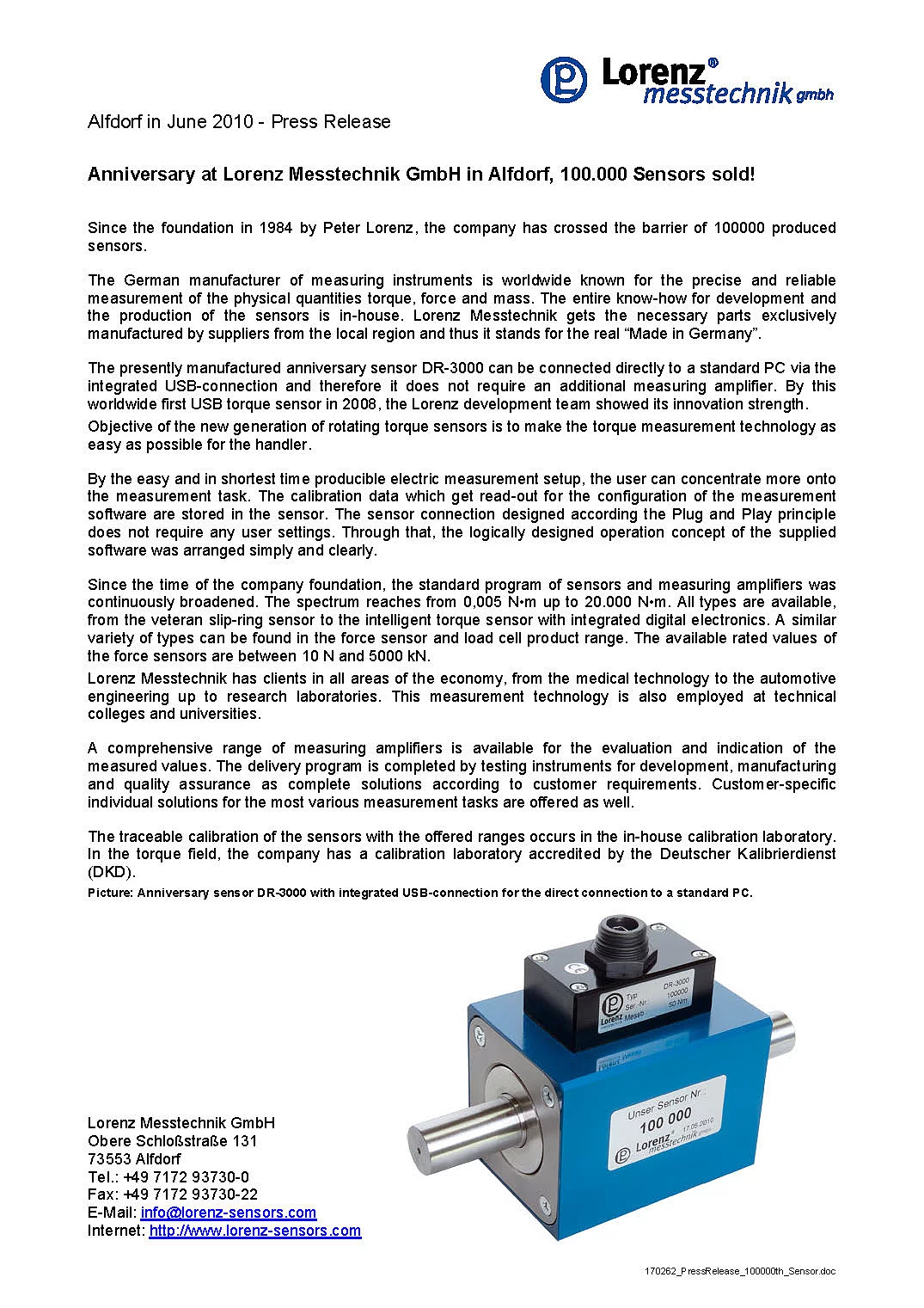 Anniversary at Lorenz Messtechnik GmbH in Alfdorf: 100.000 Sensors sold!, June 20th, 2010