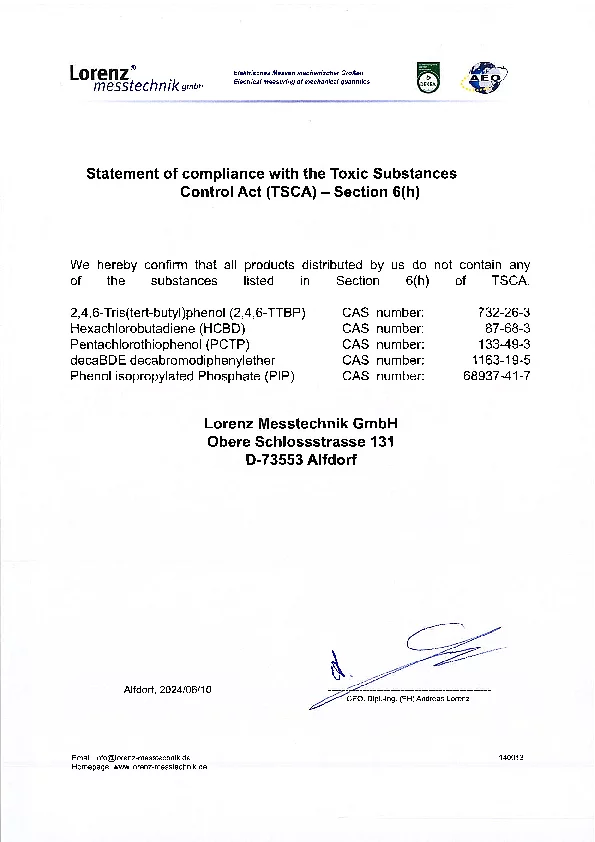 Statement of compliance with the Toxic Substances Control Act (TSCA) - Section 6(h)