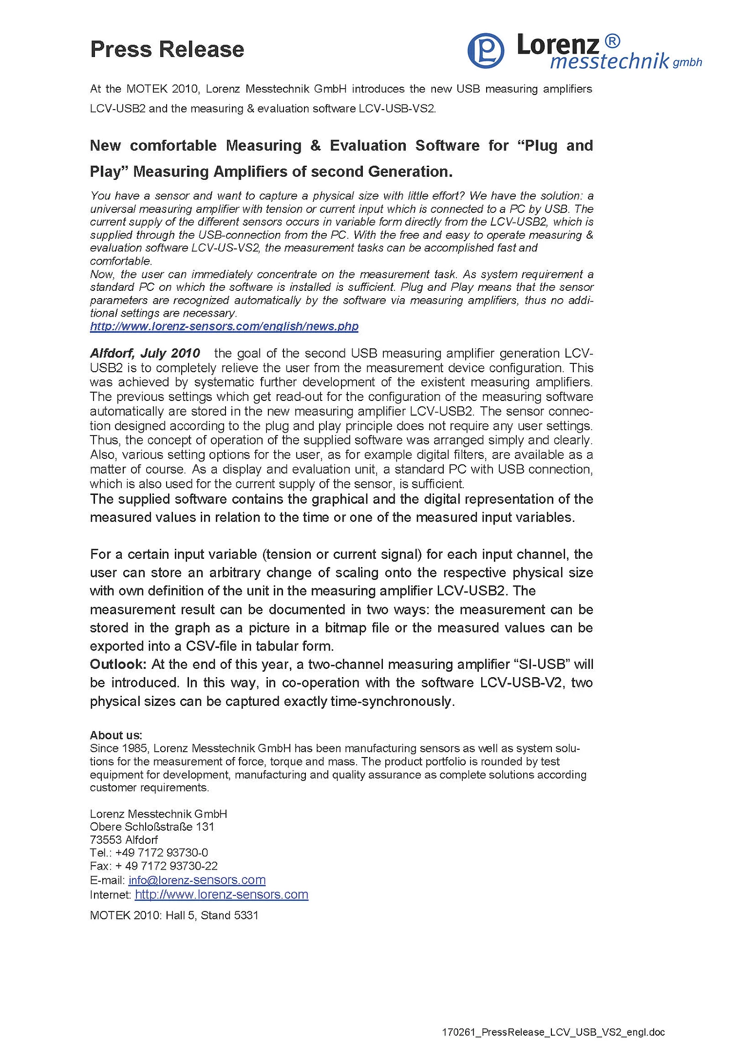 New comfortable Measuring & Evaluation Software for “Plug and Play” Measuring Amplifiers of second Generation, July 9th, 2010