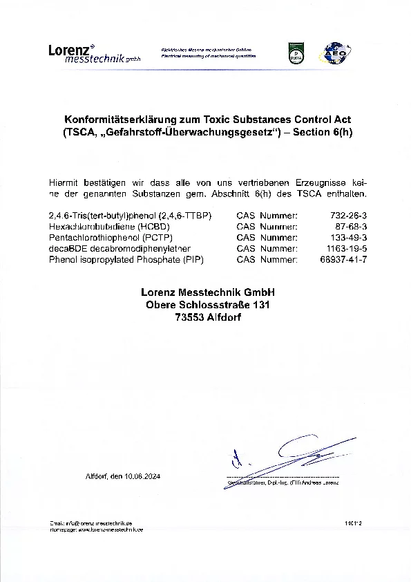 Konformitätserklärung zum Toxic Substances Control Act - Section 6(h) (TSCA, ,,Gefahrstoff-Überwachungsgesetz")